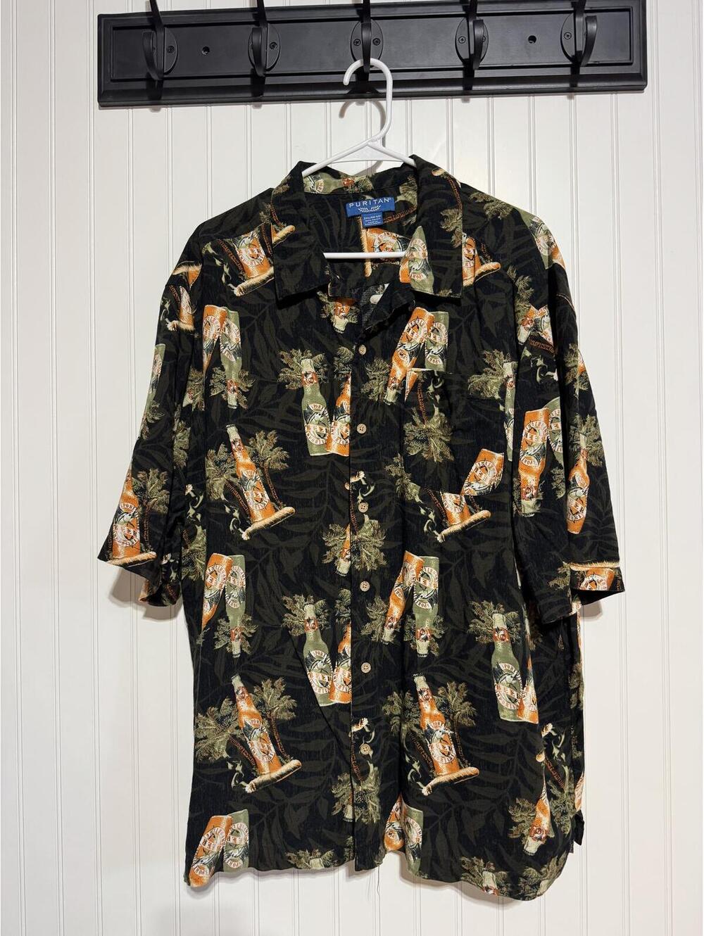 Puritan Y2K Mens 2XL Hawaiian Camp Shirt Rayon Black Green Beer Bottle Palm Tree